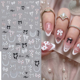 HAMA 3D นูนโบว์สติกเกอร์เล็บ Decals - Cherry Heart Star Bear Design Self-Adhesive ตกแต่งสําหรับเล็บฝรั่งเศส DIY อุปกรณ์ตกแต่งเล็บ
