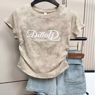 [Y D]🔥พร้อมส่ง🔥 เสื้อเด็กผู้หญิง เสื้อยืดแขนสั้น เสื้อครอปท็อป คอกลม เอวเข้ารูป พิมพ์ลายอักษร สไตล์เกาหลี #453