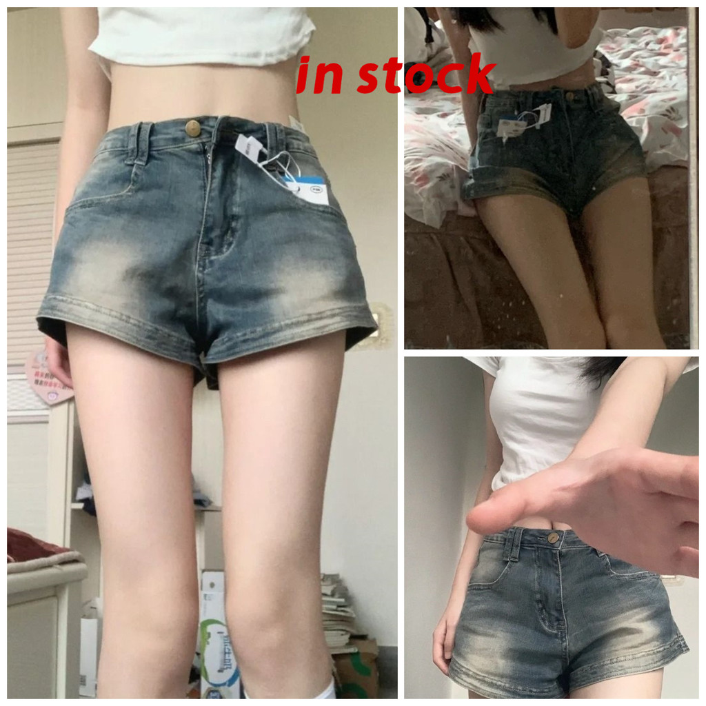 [Grojoy] กางเกงยีนส์ผู้หญิงสไตล์ใหม่ อเมริกันเอวสูง Retro Slimmer ยีนส์ขาสั้น GRL944