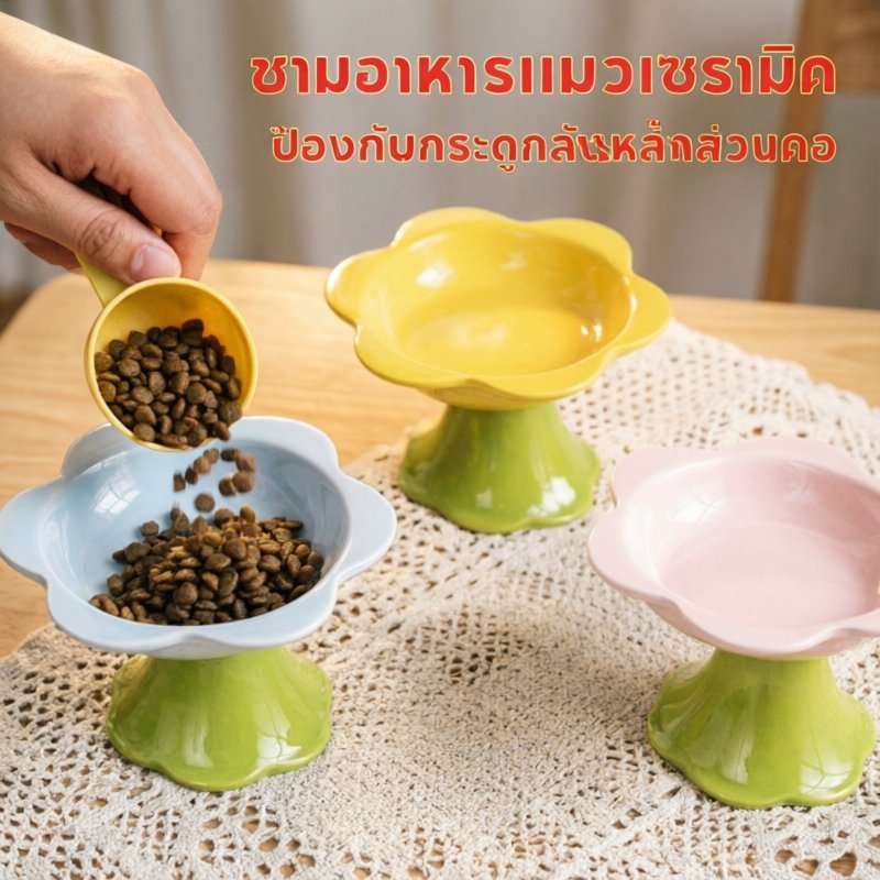 ชามอาหารแมว เซรามิก ป้องกันกระดูกสันหลังส่วนคอ สีเหลือง สีชมพู สีฟ้า สำหรับน้องแมว มีคุณภาพ