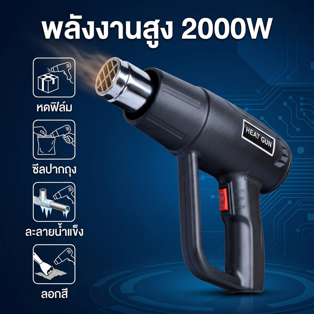 ปืนเป่าลมร้อน เครื่องเป่าลมร้อน 2000W ใช้สำหรับฟิล์มหดบรรจุภัณฑ์ฟิ ไดร์เป่าลมร้อน ปืนลมร้อน ที่เป่าลมร้อน ไดเป่าลมร้อน