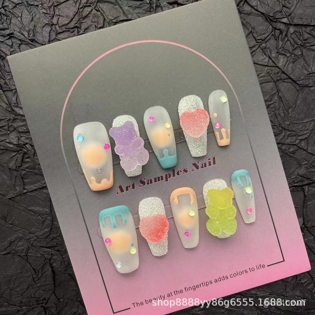 Sweet Y2K Fake Nails Dopamine Bear Gummy Handmade Wearable Nails Cute Sugar Bear Nail Art Removable 