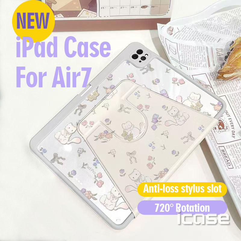 เคส iPad หมุนได้ 720° Cat&Flower สำหรับ iPad Air7 M3 และ iPad 11