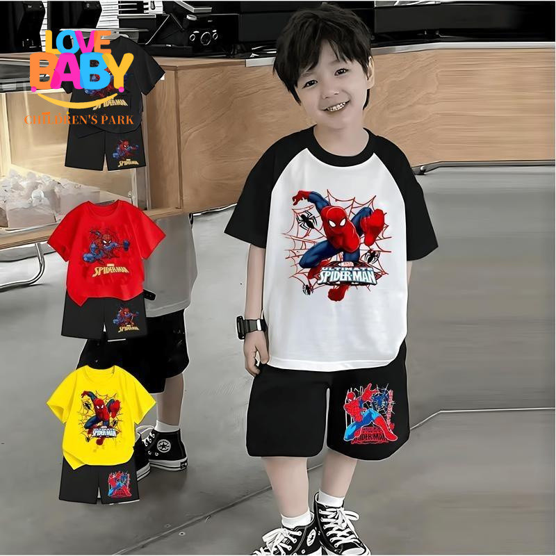COD lo9  เด็กชายกีฬา Spider-Man ธีมเด็กฤดูร้อนเสื้อผ้าแขนสั้นเสื้อยืดหล่อสไตล์ตะวันตกกางเกงขาสั้นสองชิ้นอัพเกรดเด็กชายกี