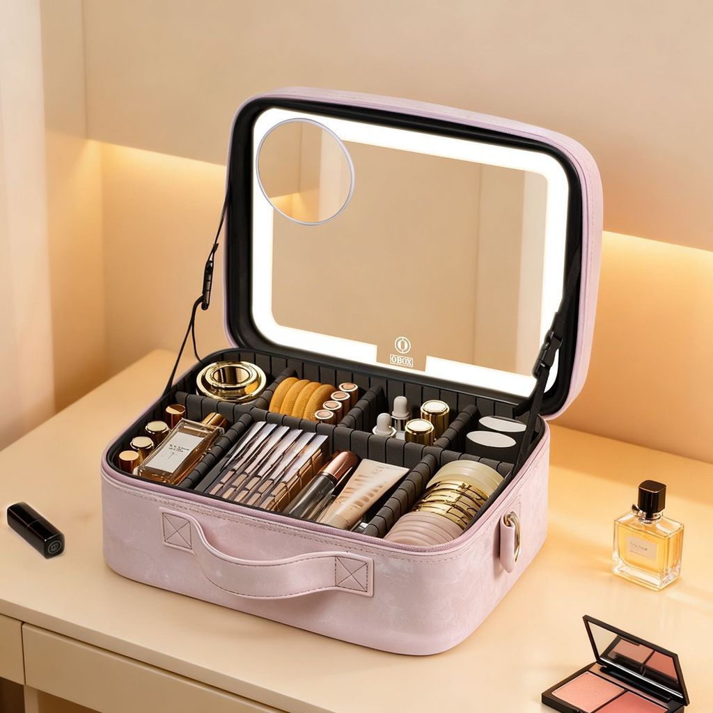 กระเป๋าเครื่องสำอาง obox ความจุขนาดใหญ่, ไฟ LED, คุณภาพสวยงาม, กล่องเก็บเครื่องสำอาง, กระเป๋าเดินทาง
