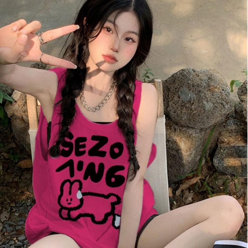 龙果色球กีฬา吊带背心 หญิง夏季 无人短袖外穿棉袖上衣套装时尚Dragon Fruit Color Basketball Sports Camisole for Women, Summer Sl