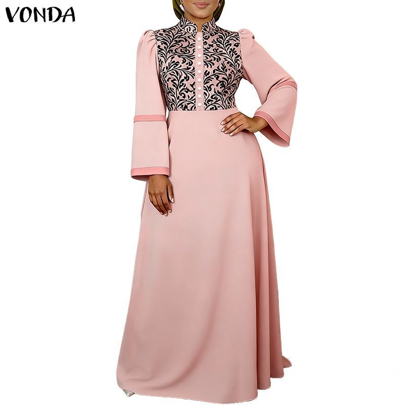 VONDA แฟชันเกาหลีแบบลำลองสำหรับผู้หญิง ผ้าทอกว่ามพ์ดอกไม้แนวเฉียง กระดุมข้อเสื้อเป็นรูปตัว X