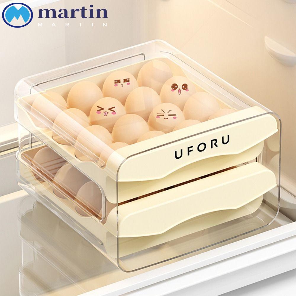 กล่องเก็บไข่ MARTIN ชั้นวางไข่เลื่อนสองชั้นความจุขนาดใหญ่ประหยัดพื้นที่เกรดอาหารออกแบบตารางซ้อนตู้เย็นกล่องเก็บไข่ใช้ในครัวเรือน