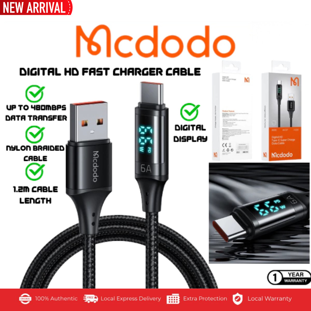 MCDODO Digital HD Data Cable Super Charge Fast Charging สีดํา 1.2m CA 1030 1060 1070 1080 1100