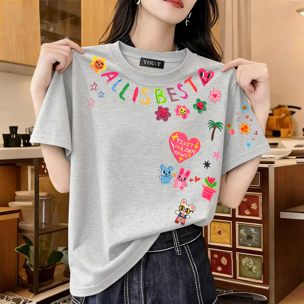 T42.SHOP🌸 เสื้อยืด oversize unisex เสื้อน่ารัก โคตรนุ่ม เสื้อ cotton 100% ไม่หดตัวลาย เสื้อไม่ยับ ลาย 'Heart Flower'