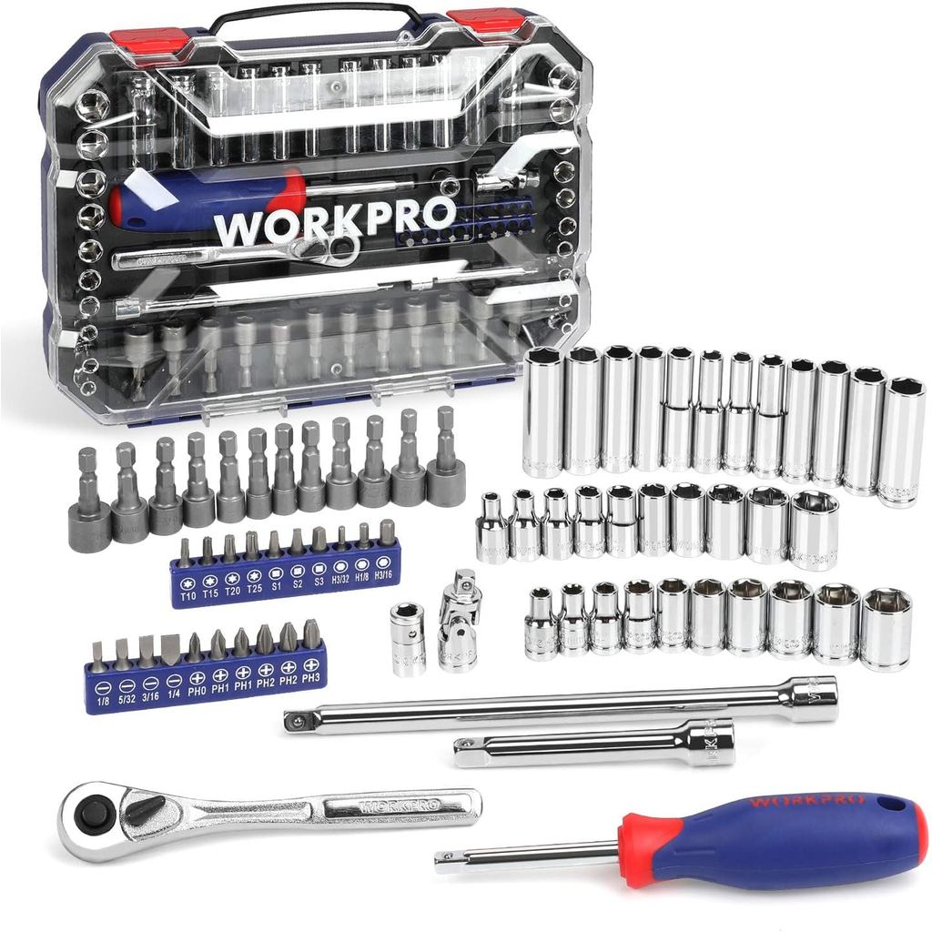 WORKPRO 70 ชิ้นชุดซ็อกเก็ตไดรฟ์ 1/4" พร้อมวงล้อแบบปลดเร็ว, เมตริกและ SAE สําหรับการซ่อมแซมอัตโนมัติแ