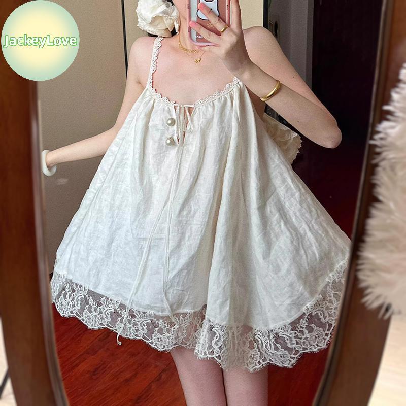 JackeyLovezz Beach Strap Dress Babydoll Design Travel Lace สบายหลวมสลิงสั้นชุดบ้าน TH