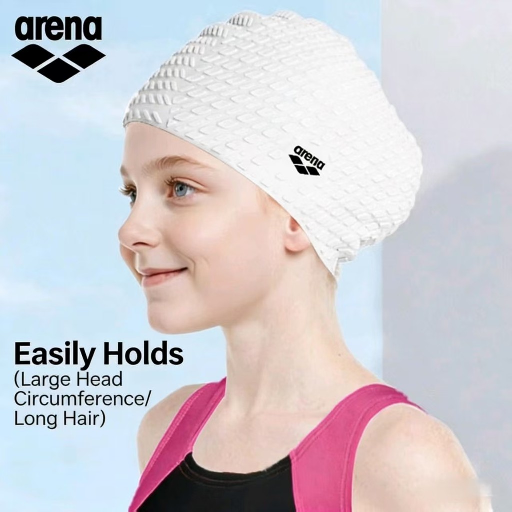 หมวกว่ายน้ำกันน้ำ arena หมวกฟองซิลิโคนสำหรับเด็กผู้หญิง ป้องกันหู ไม่รัดศีรษะ ขนาดใหญ่ สำหรับผมยาว