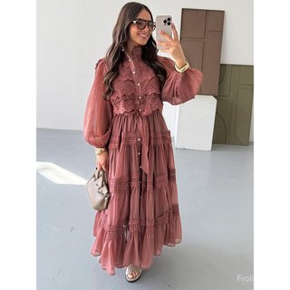 Novo Vestido Casual de Manga Longa com Malha Oca e Mangas de Lanterna Vestido de Festa NNBK