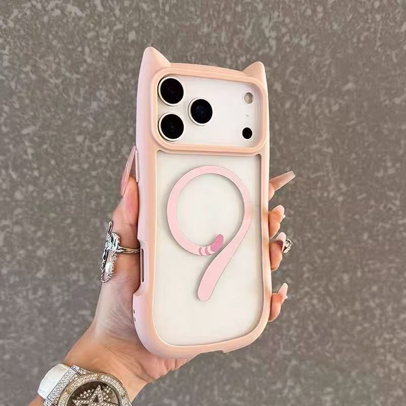 แฟชั่นใหม่น่ารักหูแมวและหางเคสโทรศัพท์แม่เหล็กสําหรับiPhone 17 16 15 14 13 12 11 Pro Max/Plus | การ์ดเลนส์กล้องกันกระแทกและหลังแข็งอะคริลิค