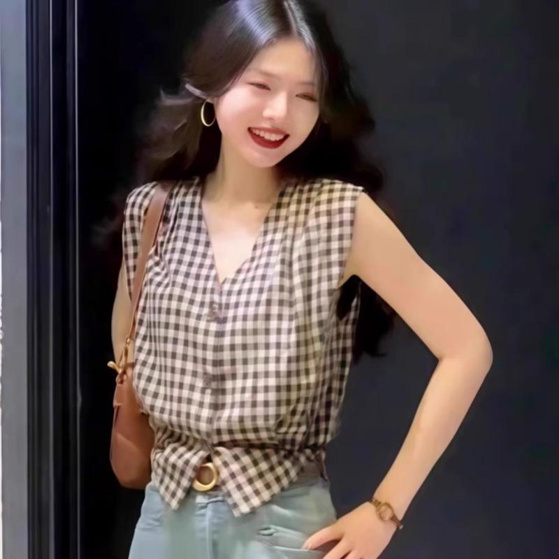 เสื้อเชิ้ตแขนกุดคอวีลายสก๊อตผู้หญิงอายุประมาณ 2025 ฤดูร้อนใหม่เสื้อกั๊กร้อน 2025V สไตล์สก๊อตสำหรับผู้หญิง ราคา ถูกที่สุด ดีลบีเคเค แกลเลอรีภาพที่ 3