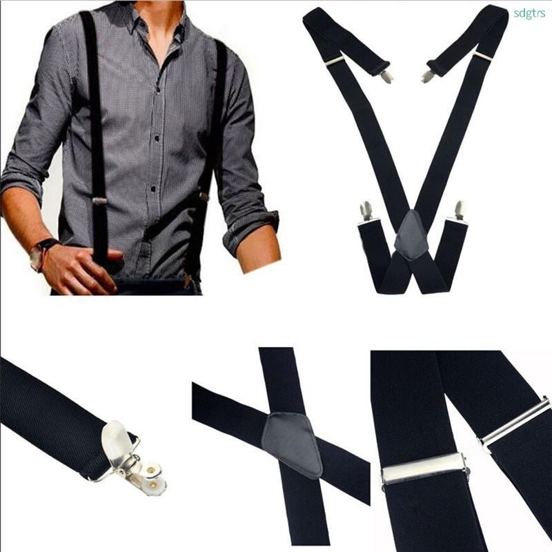 Mens Unisex Elastic Suspenders Leather Braces XBack ปรับ Clip-on สีดํา Fashhion ผ้าตกแต่งsSN