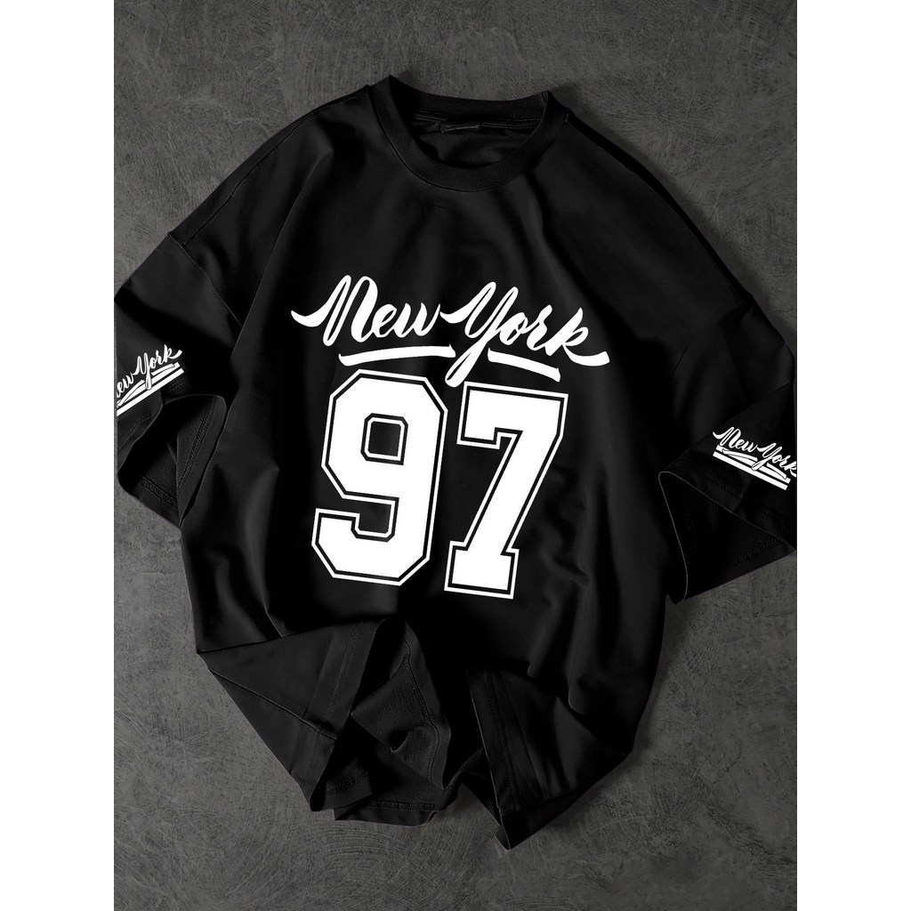 นิวยอร์ก 97 เสื้อยืดกราฟิกสตรีทแวร์สำหรับผู้ชายและผู้หญิง ขนาดใหญ่ ทรงหลวม แขนสั้น สีเบจ