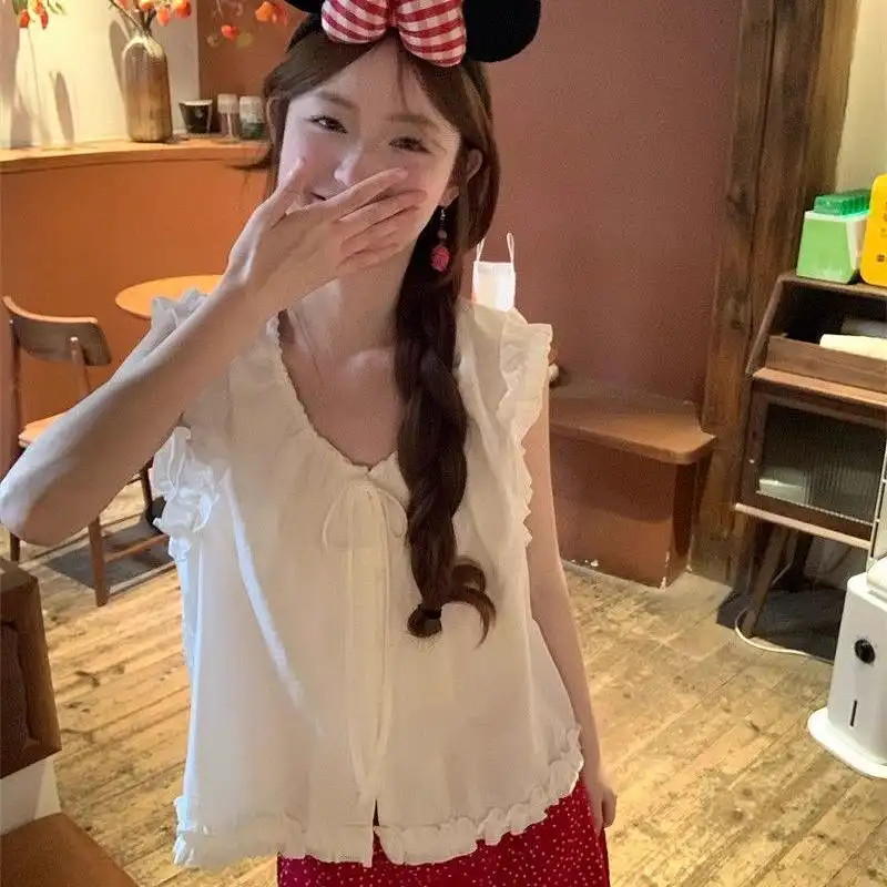 ❤sweet❤ผู้หญิง เวอร์ชันเกาหลี หวาน คอวี ผูกขึ้น เสื้อกั๊ก แสดงผอม เสื้อ ราคา ถูกที่สุด ดีลบีเคเค แกลเลอรีภาพที่ 4