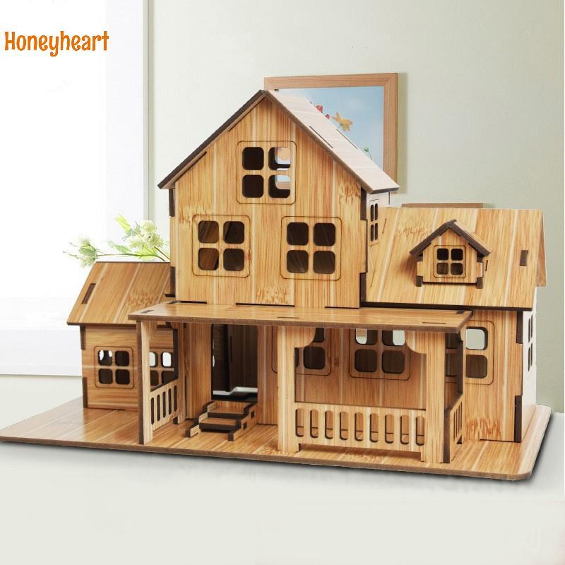 <Honeyheart> 3D ปริศนาไม้สถาปัตยกรรมจิ๊กซอว์ DIY House Villa เด็กชายหญิงการศึกษา