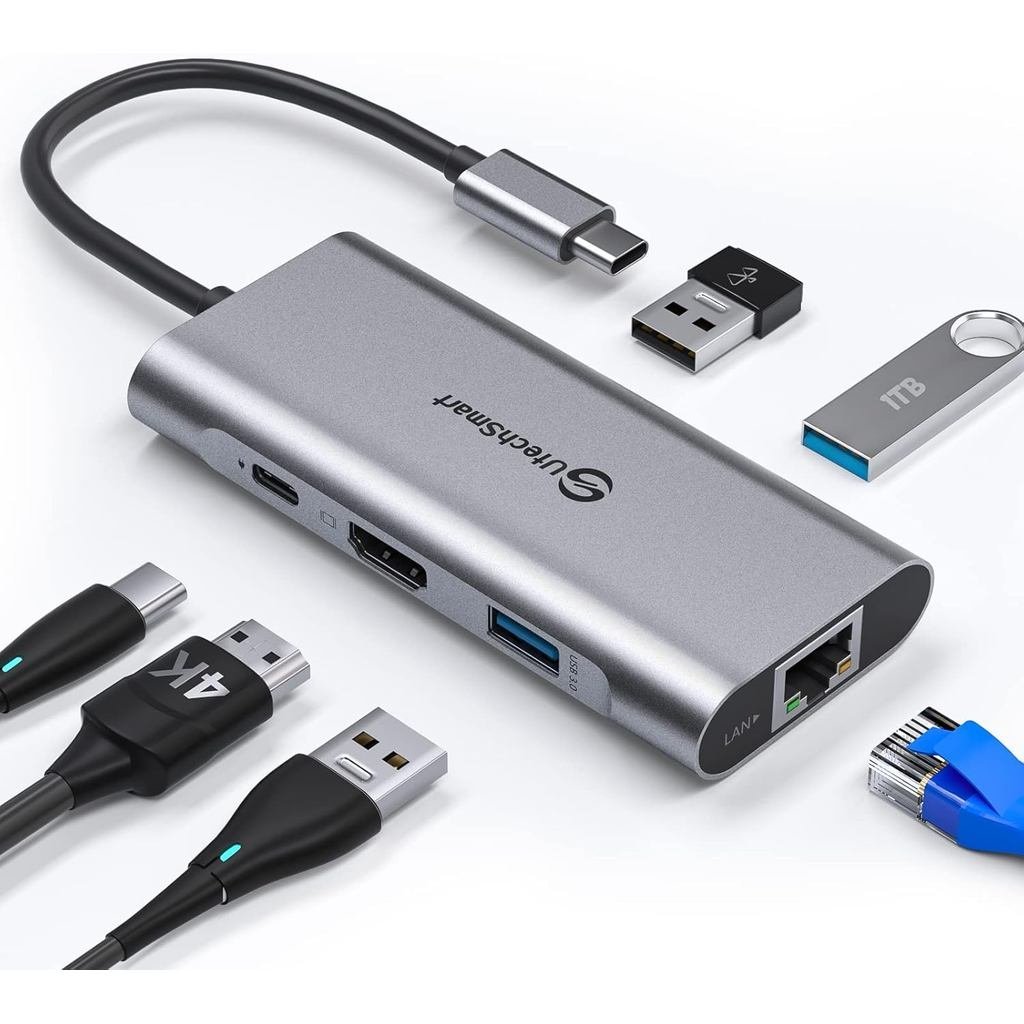 UtechSmart USB C Hub, อะแดปเตอร์มัลติพอร์ตอีเธอร์เน็ต USB C to HDMI Dock 6 In 1 สําหรับ Macbook Pro/