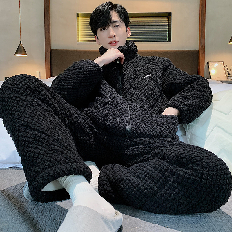 ชุดขนแกะสามชั้นหนา Flannel Quilted Jacket ชุดนอนคอสูง Loungewear Plus ขนแกะปะการังดึง W