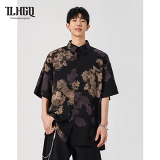 TLHGQ เสื้อเชิ้ตแขนสั้นผ้าไหมน้ําแข็งลายดอกไม้วินเทจญี่ปุ่น …