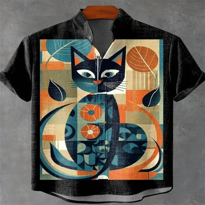 เสื้อลายแมวน่ารักสำหรับฤดูร้อน ของผู้ชาย แขนสั้น คอปก พิมพ์ลาย 3D F Q8W