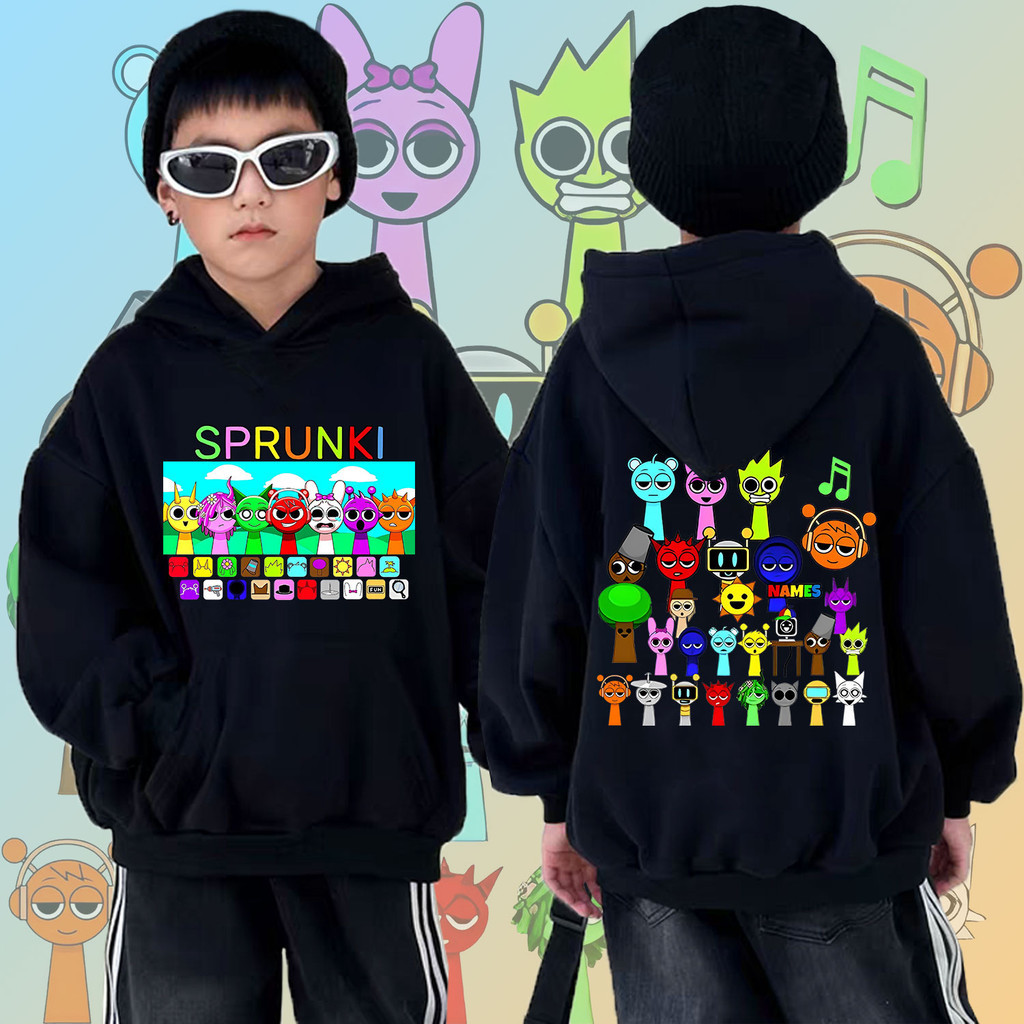 Sprunki เสื้อกันหนาวมีฮู้ดแขนยาวพิมพ์ลายการ์ตูนสำหรับเด็ก เด็กน่ารัก 120cm-150cm เสื้อฮู้ดเด็ก