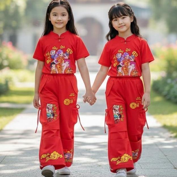 PINKชุดเซ็ทเด็ก2ชิ้น ลายการ์ตูนตรุษจีนkpop demon hunter เสื้อคอกลมลายการ์ตูน+กางเกงคาร์โก้แต่งโบว์ สไตล์เกาหลี9483