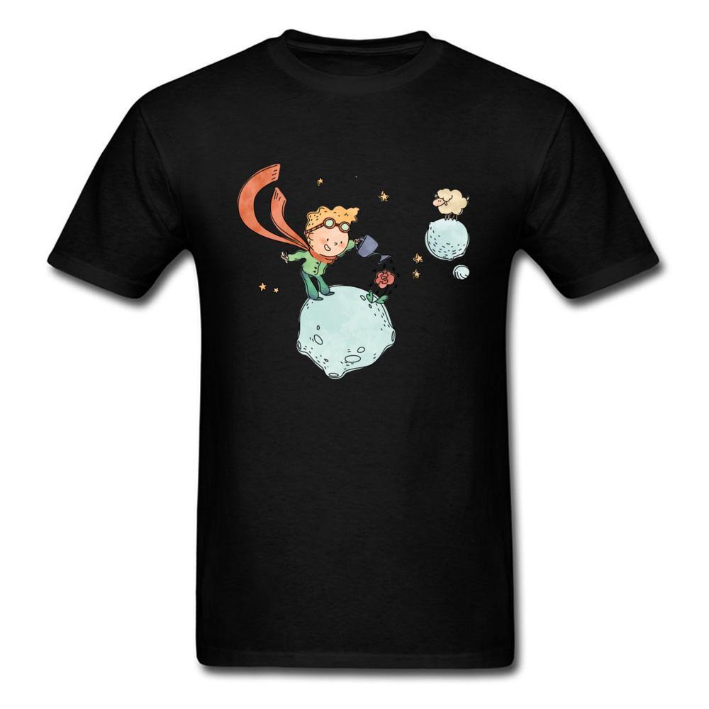 New Listing Little Prince Watering His Rose Cartoon Sheep Planet Print Men Black T-Shirt Short Sleev