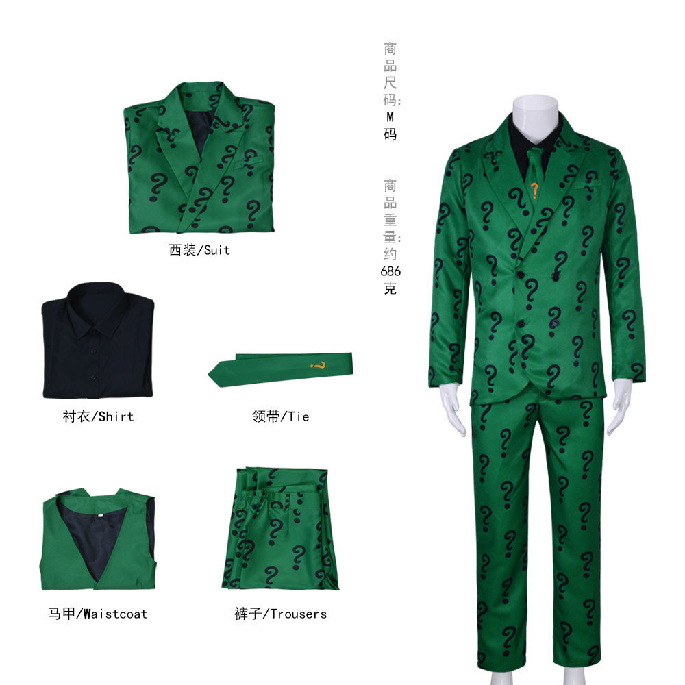 DC Batman Gotham Riddler Cosplay Costume Halloween Green Question Mark Suit Villain Riddler Cosplay