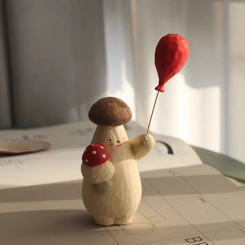 Hot Sale#Handmade Wood Carving Cute Mushroom Doll Holding Balloon Cartoon Office Desktop Healing Dec