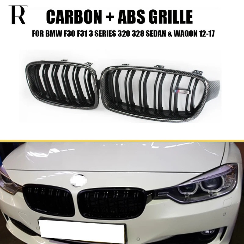 คาร์บอนไฟเบอร์ + ABS กันชนหน้า Kidney Mesh Grill Grille สําหรับ BMW F30 F31 320i 328i 335i 328d Seda