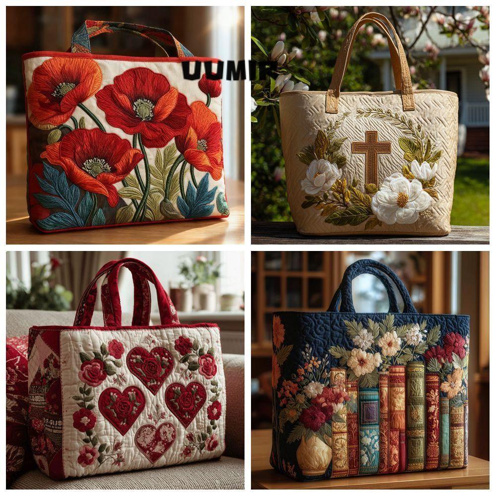 UUMIR Quilted Tote Bag กระเป๋าถือลายแมวและลายดอกไม้ ขนาดใหญ่ ทนทาน
