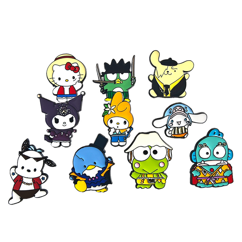 10ชิ้น/เซ็ต ‌Sanrio One Piece Hello Kitty Luffy Pin Badge‌ หมุดตกแต่งน้ํามันโลหะการ์ตูน-จุ่ม