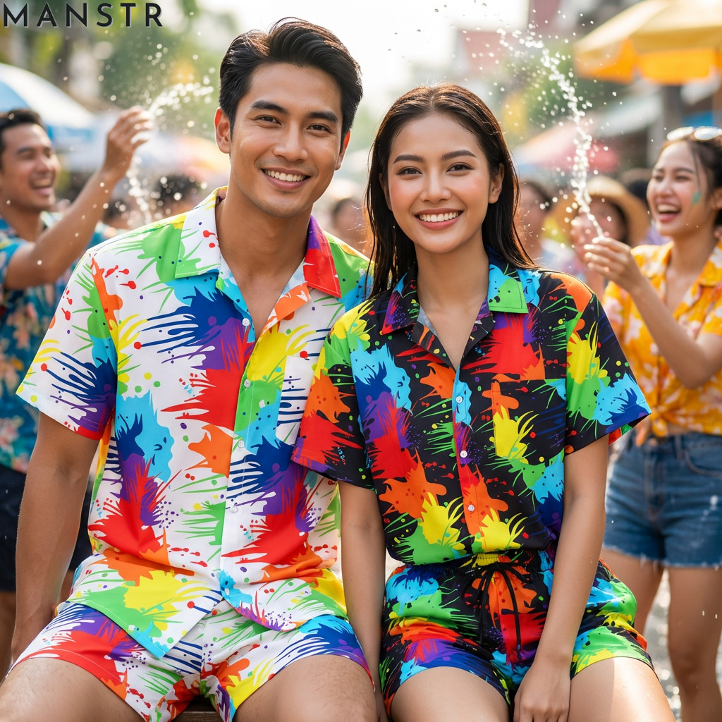 MANSTR ชุดฮาวายสองชิ้นสำหรับชายหาด สีดำและขาว ทรวดทรง M-5XL แห้งไว เหมาะสำหรับทั้งชายและหญิง Songkran
