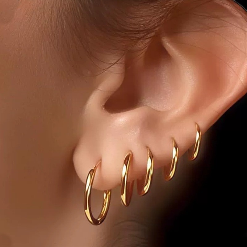 Roselife ต่างหูวงกลมจากเหล็ก ขนาดกลาง สำหรับผู้หญิงและผู้ชาย สวมใส่ง่ายทุกวัน - รูปที่ 3