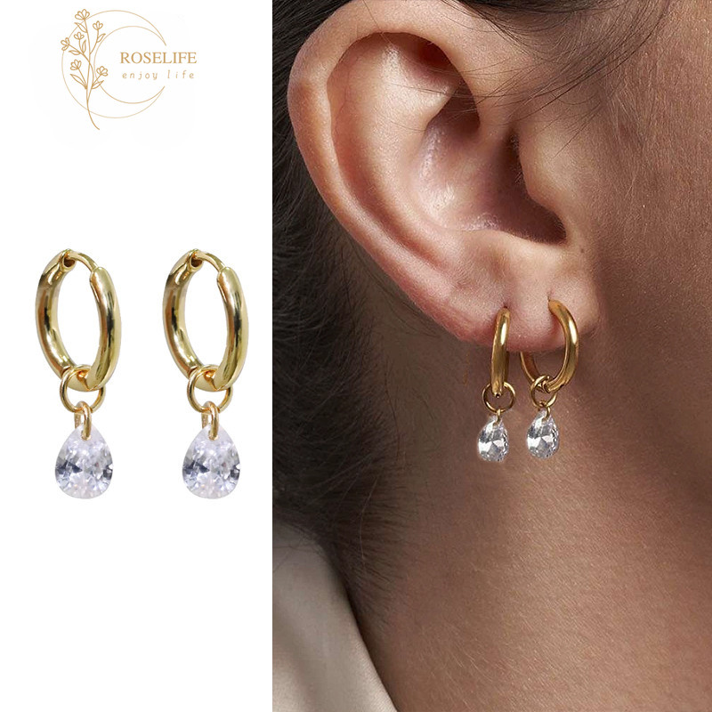 ต่างหูคริสตัลเคลือบเงา งานชุบทอง 14K ดีไซน์หยดน้ำและวงกลม เสริมความสวยงามให้แก่การแต่งกายของคุณ