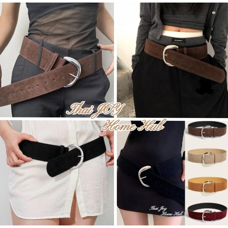 เข็มขัดเอวแบบกว้างสไตล์ Vintage American Retro อินเทรนด์หนังนิ่มหนังเข็มขัดกว้างสำหรับผู้หญิง เนื้อซู๊ด ใส่กับกระโปรงหรือกางเกงยีนส์ ดีไซน์มีเอกลักษณ์