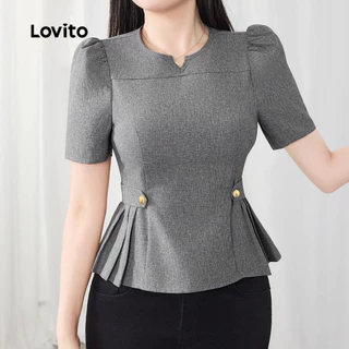Lovito สง่างาม เสื้อเชิ้ตสีเทาเข้มหัวเข็มขัดโลหะหรูหรา เสื้อเชิ้ตฤดูใบไม้ผลิ/ฤดูร้อนสำหรับผู้หญิง L154ED525