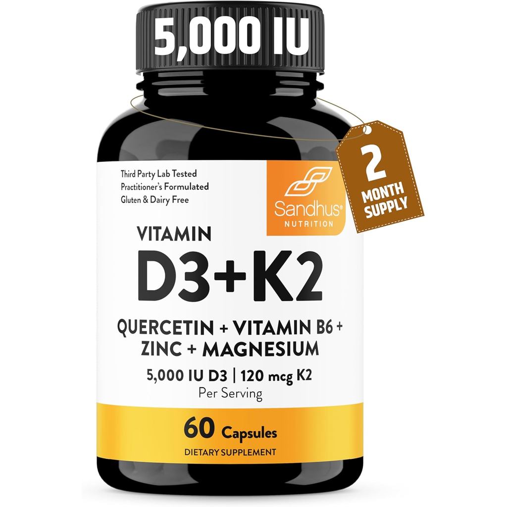 วิตามินของ Sandhu D3 K2 Magnesium 5000 IU, 120mcg K2 แคปซูล 60 นับ (แพ็ค 1 ชิ้น) | พร้อม VIT B6, Zin
