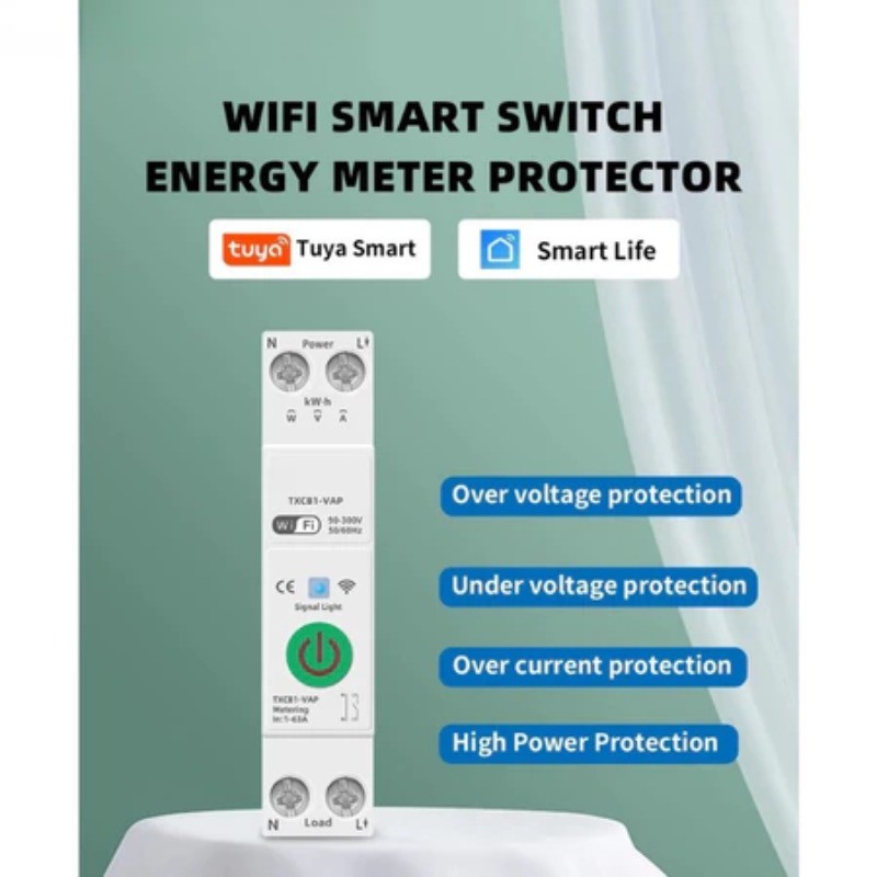 ทํางานกับ Tuya WiFi สมาร์ท Circuit Breaker MCB 1P + N 63A Power kWh แรงดันไฟฟ้า Current Meter Protector
