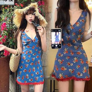 mimi&didi#เดรสสายเดี่ยวลายดอกไม้ย้อนยุค สไตล์วันหยุด คอวี สำ…