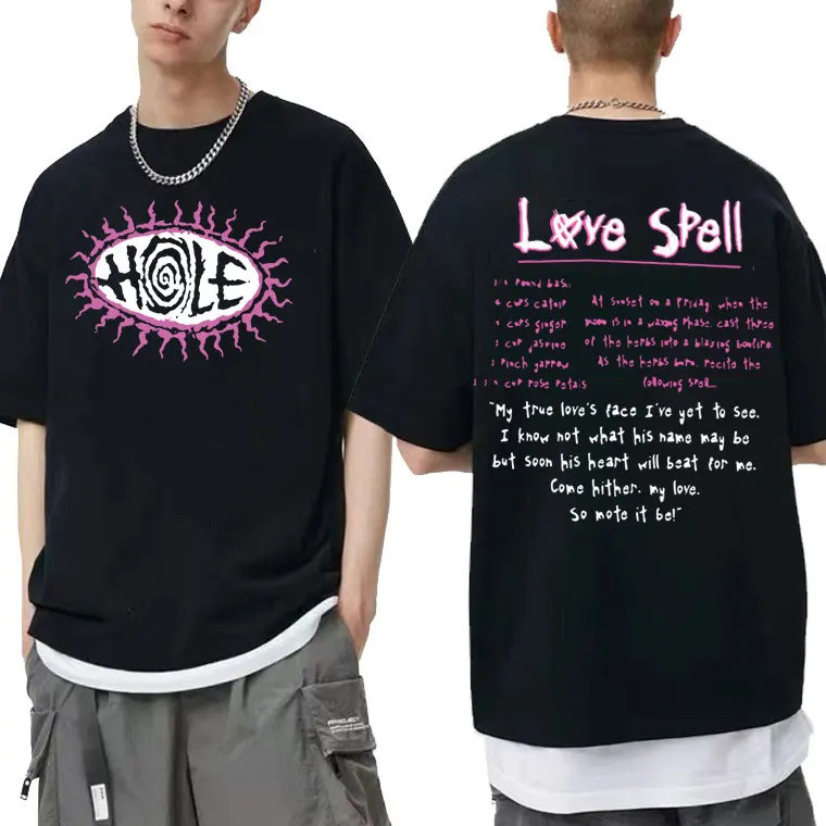 เสื้อยืดลายคำร้องเพลง Hole Love Spell สไตล์วินเทจ ฮิปฮอป สำหรับผู้ชายและผู้หญิง เสื้อยืดโอเวอร์ไซส์ 