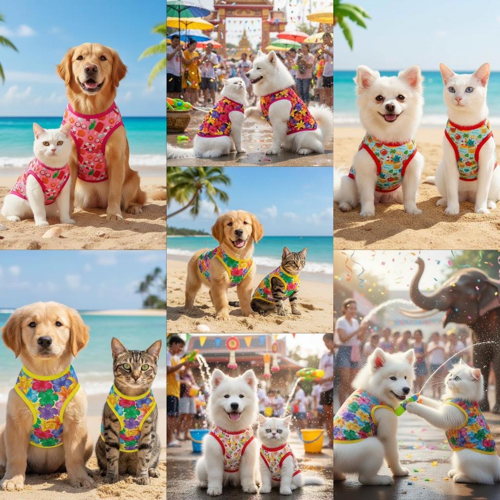 เสื้อกล้ามหมาแมว  ลายดอกสงกราต์ใส่หน้าร้อน