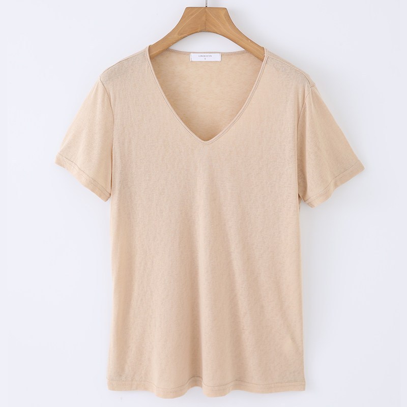 2676 เสื้อยืดแขนสั้นคอวีผ้าฝ้ายผสมลินินลายเกล็ดหิมะสำหรับฤ รูปที่ 8