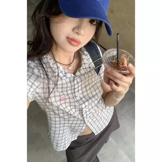 Chili Koko เสื้อเชิ้ต แขนสั้น ลายสก็อต สำหรับผู้หญิง ใส่หน้าร้อน สไตล์เรโทรคันทรี ดีไซน์เฉพาะ ท็อป- W711