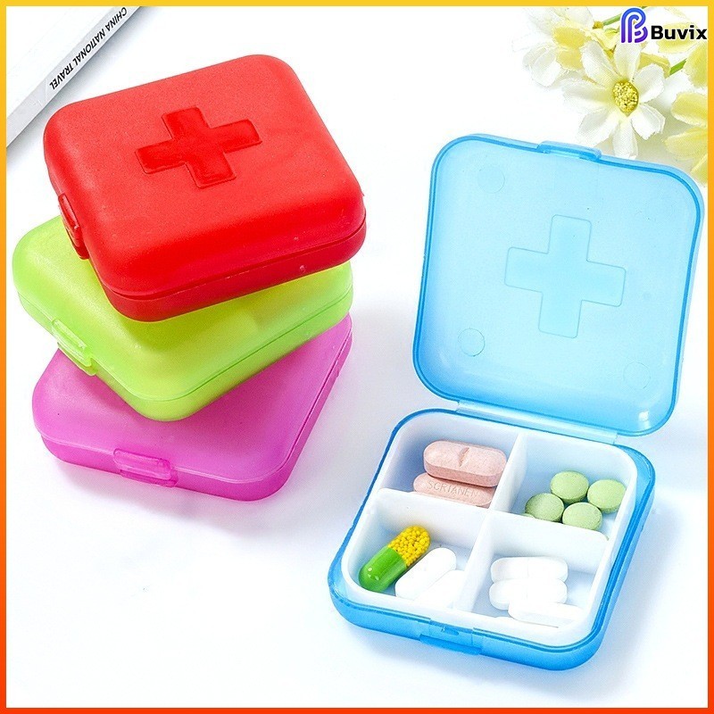 Buvix กล่องใส่ยา กล่องสีสันลูกกวาด 4 ช่อง กล่องยาแบบพกพา กล่องเก็บยา