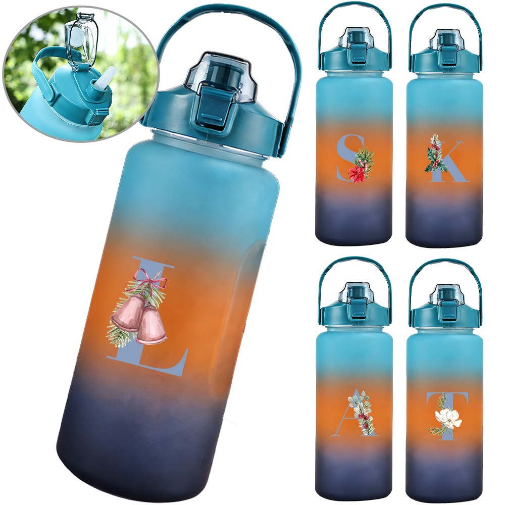 2000ml Straw Gradient Water Bottle Stylish Color Large Capacity Portable Tumbler With Handle Outdoor